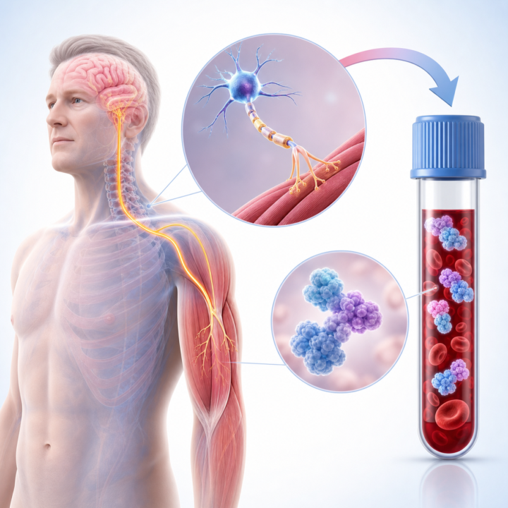 ALS kraujo biomarkerių, motorinio neurono ir raumens medicininė iliustracija