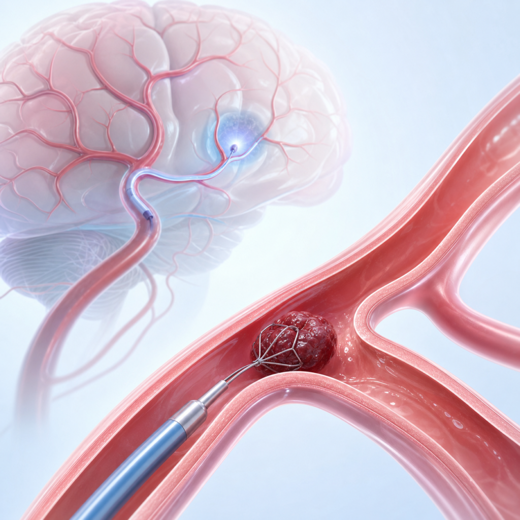 Kateteriu atliekamos smegenų arterijos trombektomijos medicininė iliustracija
