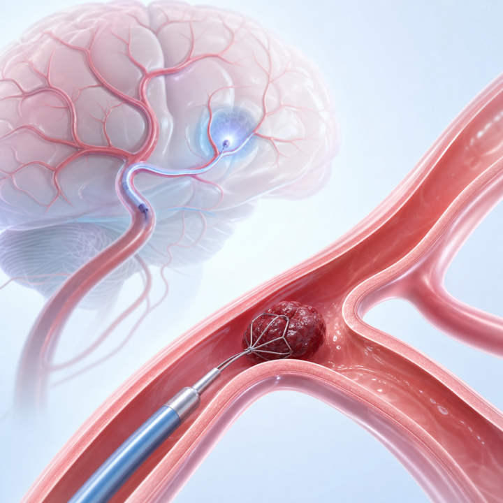 Kateteriu atliekamos smegenų arterijos trombektomijos medicininė iliustracija