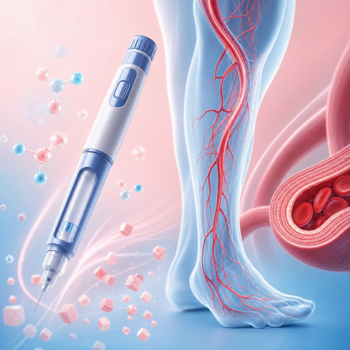 GLP-1 vaisto ir kojų arterijų kraujotakos medicininė iliustracija