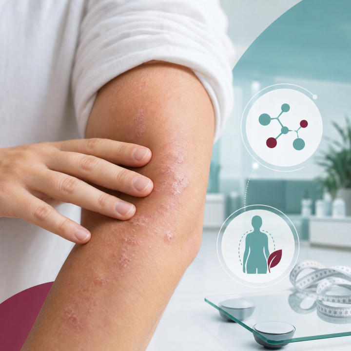 Psoriazės pažeista rankos oda ir kūno svorio valdymą simbolizuojanti medicininė iliustracija