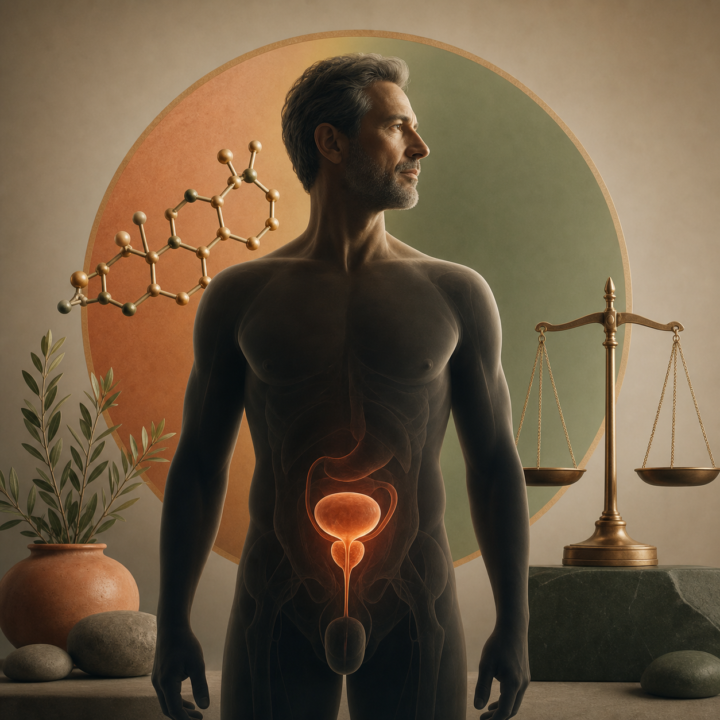 Testosterono terapijos ir prostatos sveikatos medicininė iliustracija