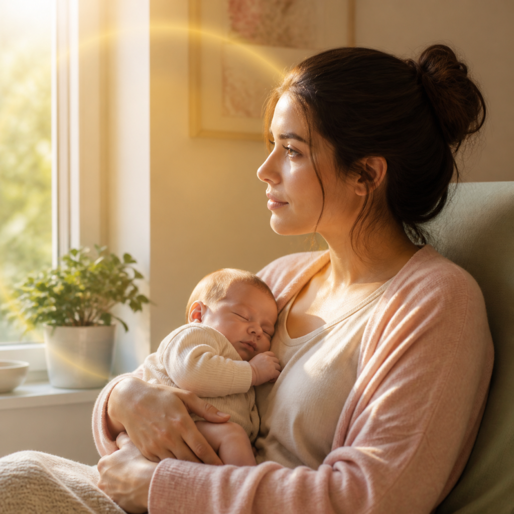 Mama su kūdikiu dienos šviesoje, vitamino D ir pogimdyminės savijautos tema