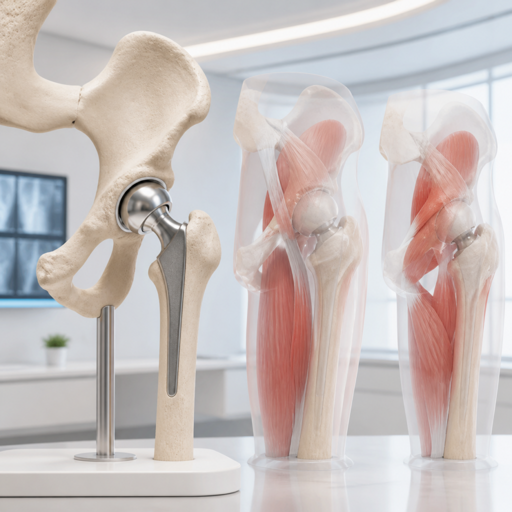 Klubo hemiartroplastikos implantas ir skirtingos operacinės prieigos. Iliustracija sukurta naudojant dirbtinį intelektą.