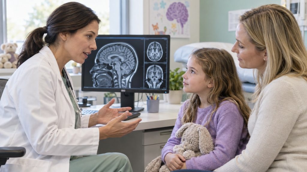 Vaikų neurologė konsultuoja mergaitę ir jos mamą dėl retos neurologinės ligos