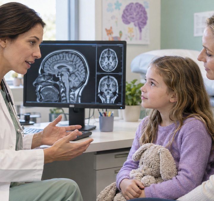 Vaikų neurologė konsultuoja mergaitę ir jos mamą dėl retos neurologinės ligos
