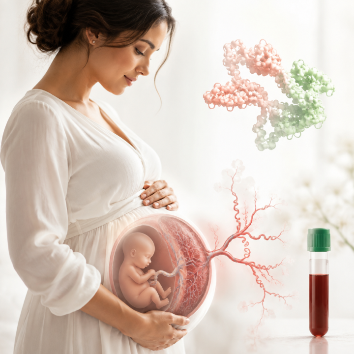 Nėščioji, placenta, gimdos kraujagyslės ir ISM2 baltymo tyrimui paimtas kraujo mėginys