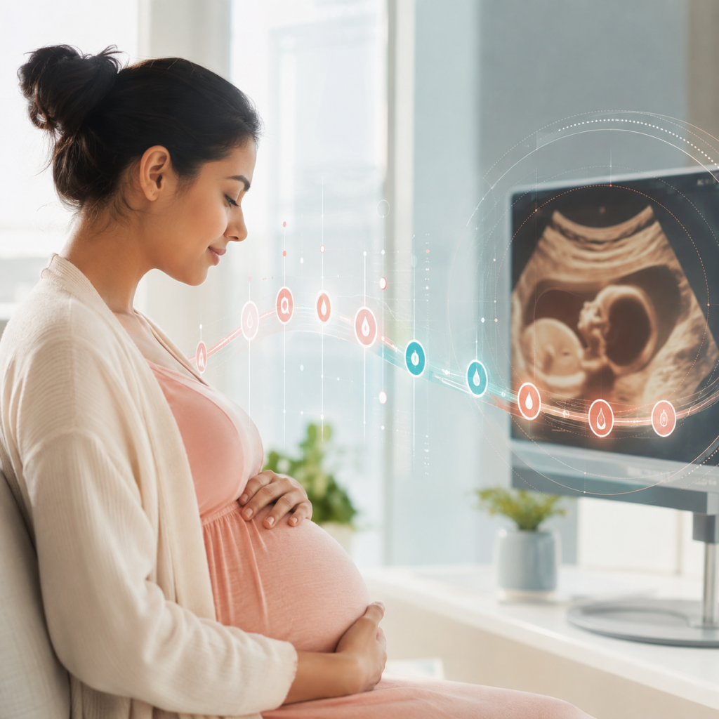 Nėščioji prie ultragarso ekrano ir subtili klinikinių duomenų analizės vizualizacija