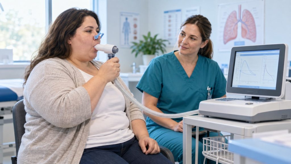 DI sukurta iliustracija: pacientė atlieka spirometriją prižiūrima medikės.