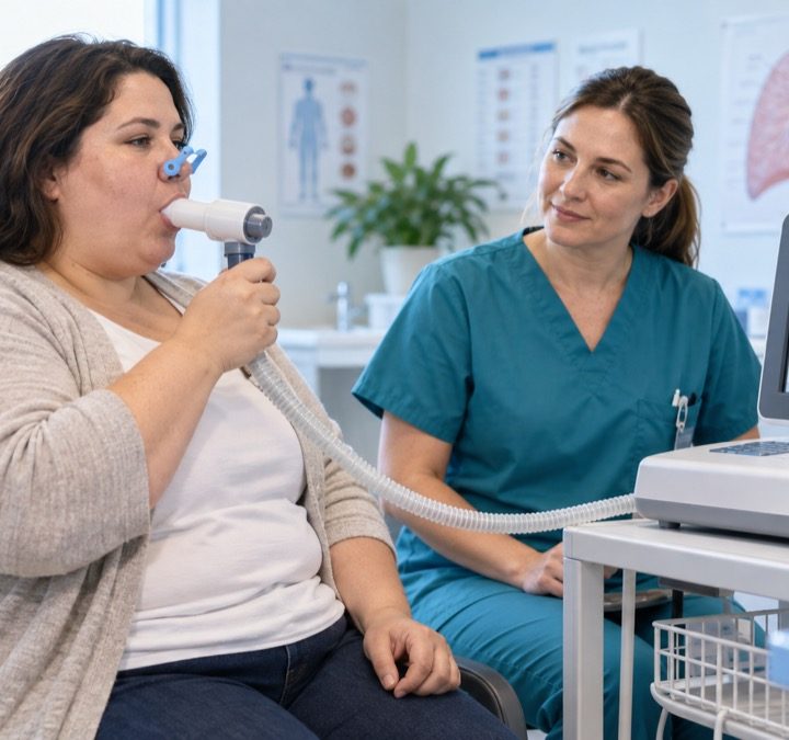 DI sukurta iliustracija: pacientė atlieka spirometriją prižiūrima medikės.