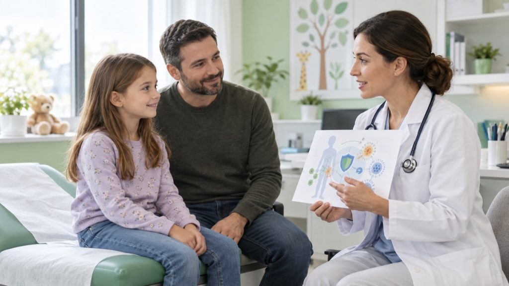 Vaikų imunologijos konsultacijos iliustracija: gydytoja kalbasi su vaiku ir tėvu