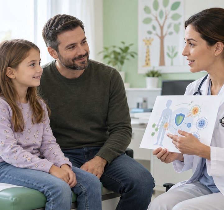 Vaikų imunologijos konsultacijos iliustracija: gydytoja kalbasi su vaiku ir tėvu