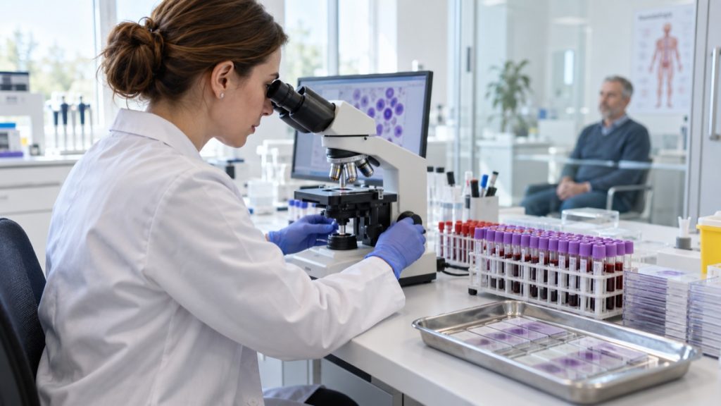 Hematologijos tyrimų iliustracija: specialistė dirba su mikroskopu