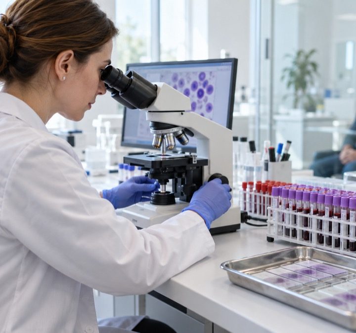 Hematologijos tyrimų iliustracija: specialistė dirba su mikroskopu