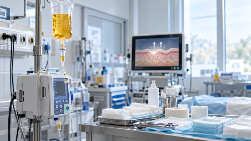 Infuzinė sistema ir sterilūs tvarsčiai šviesioje nudegimų gydymo paruošimo patalpoje
