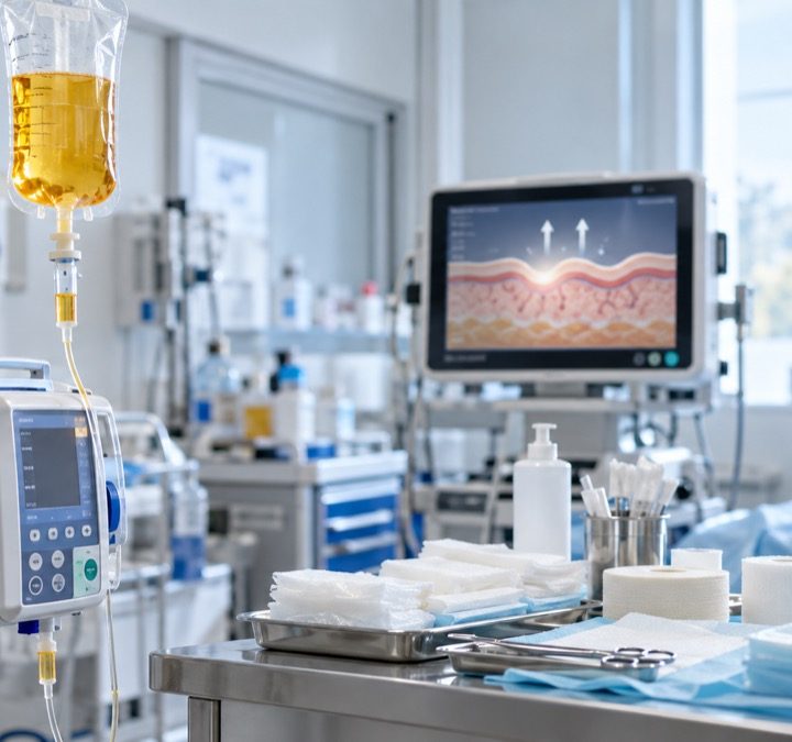 Infuzinė sistema ir sterilūs tvarsčiai šviesioje nudegimų gydymo paruošimo patalpoje