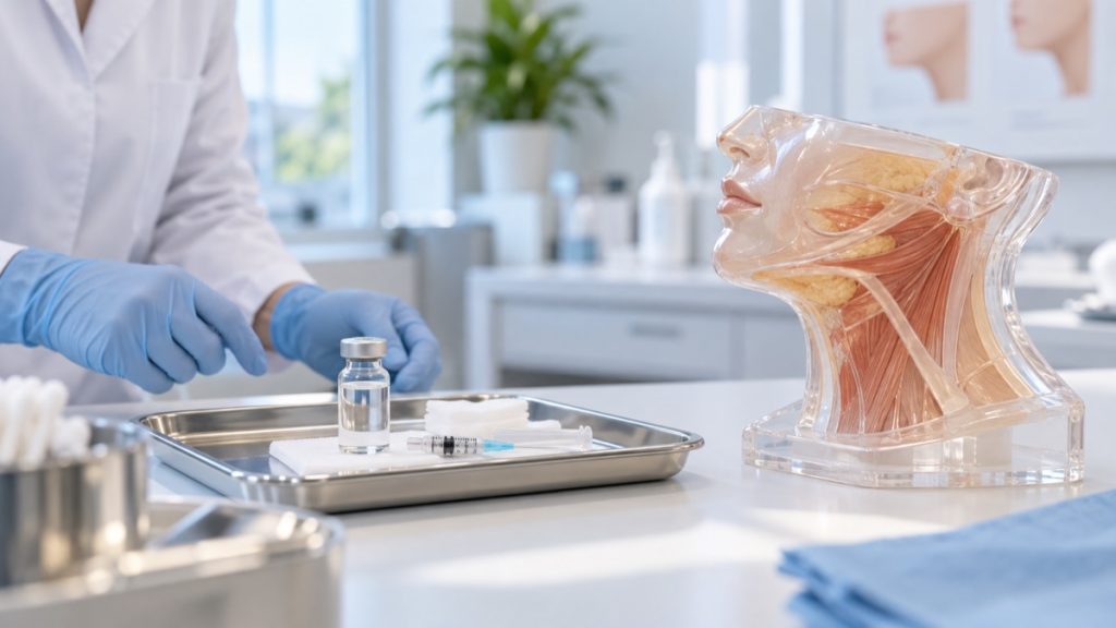 Deoksicholio rūgšties injekcijos paruošimas šviesioje dermatologijos klinikoje šalia pažandės mokomojo modelio