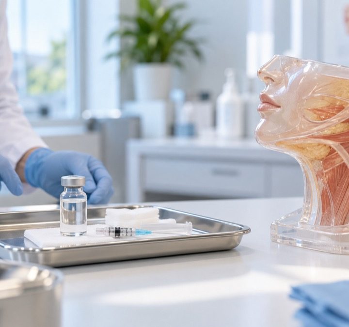 Deoksicholio rūgšties injekcijos paruošimas šviesioje dermatologijos klinikoje šalia pažandės mokomojo modelio