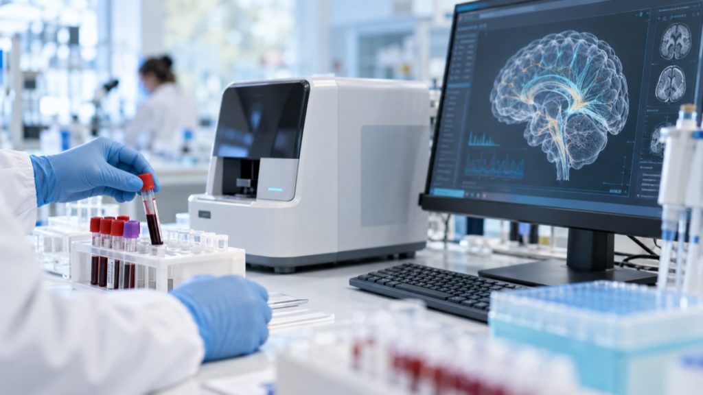 Kraujo mėginių analizė šviesioje neurologijos laboratorijoje šalia smegenų diagnostikos ekrano