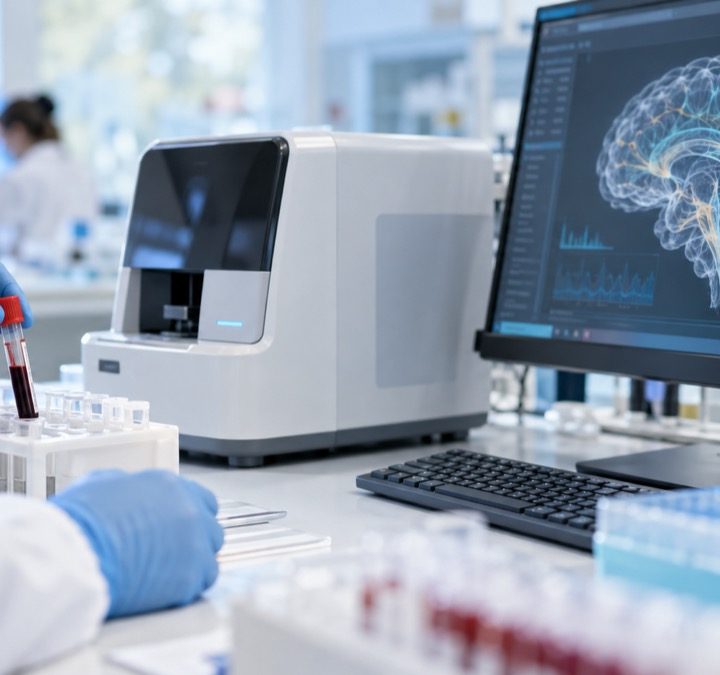 Kraujo mėginių analizė šviesioje neurologijos laboratorijoje šalia smegenų diagnostikos ekrano