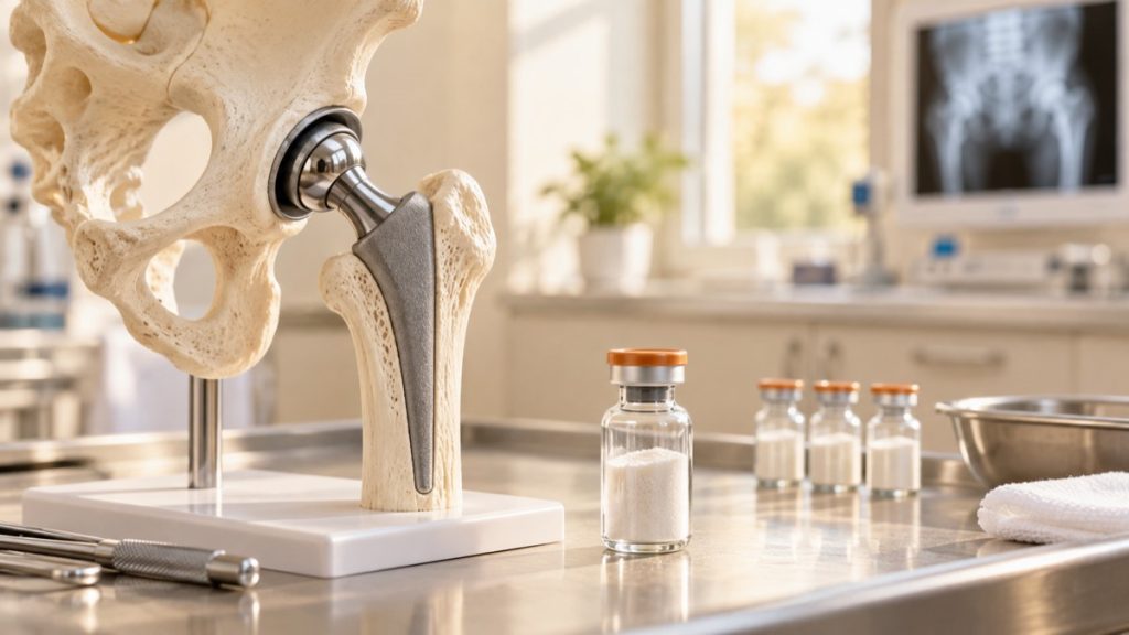 Klubo sąnario endoprotezo modelis ir antibiotikų flakonai šiltoje ortopedijos paruošimo patalpoje