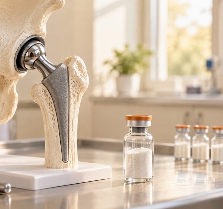 Klubo sąnario endoprotezo modelis ir antibiotikų flakonai šiltoje ortopedijos paruošimo patalpoje
