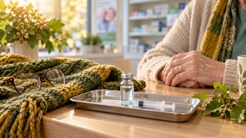 RSV vakcinos flakonas ir švirkštas šiltoje žalio ir auksinio kolorito aplinkoje šalia vyresnio žmogaus rankų