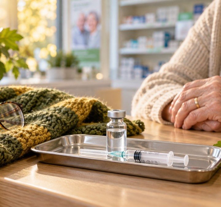 RSV vakcinos flakonas ir švirkštas šiltoje žalio ir auksinio kolorito aplinkoje šalia vyresnio žmogaus rankų