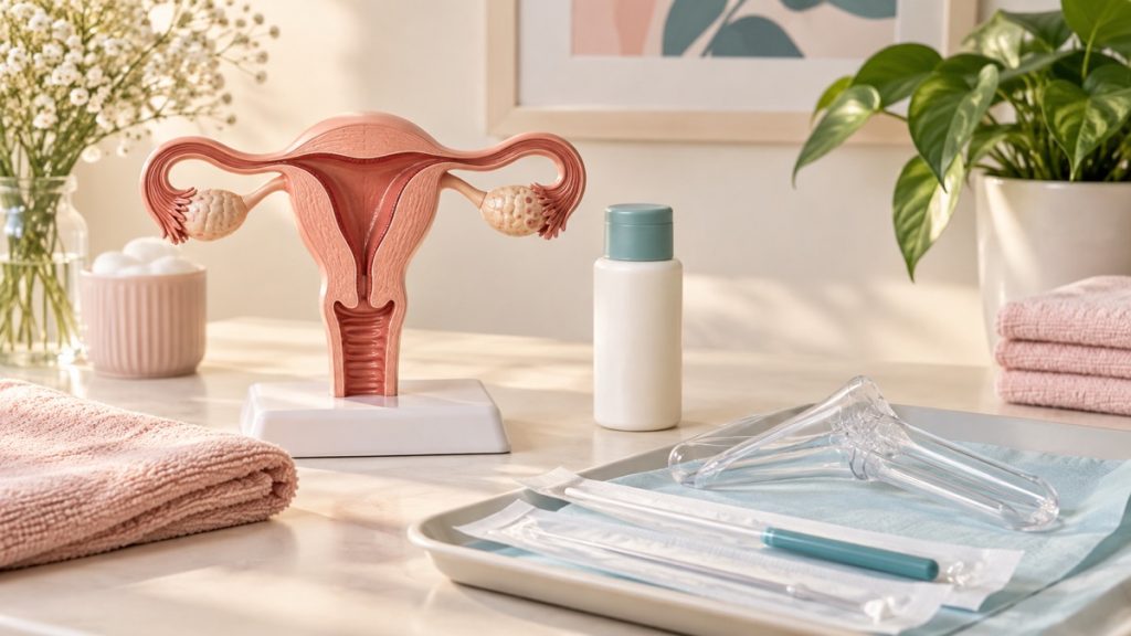 Gimdos mokomasis modelis, vietinio anestetiko flakonas ir ploni procedūriniai instrumentai