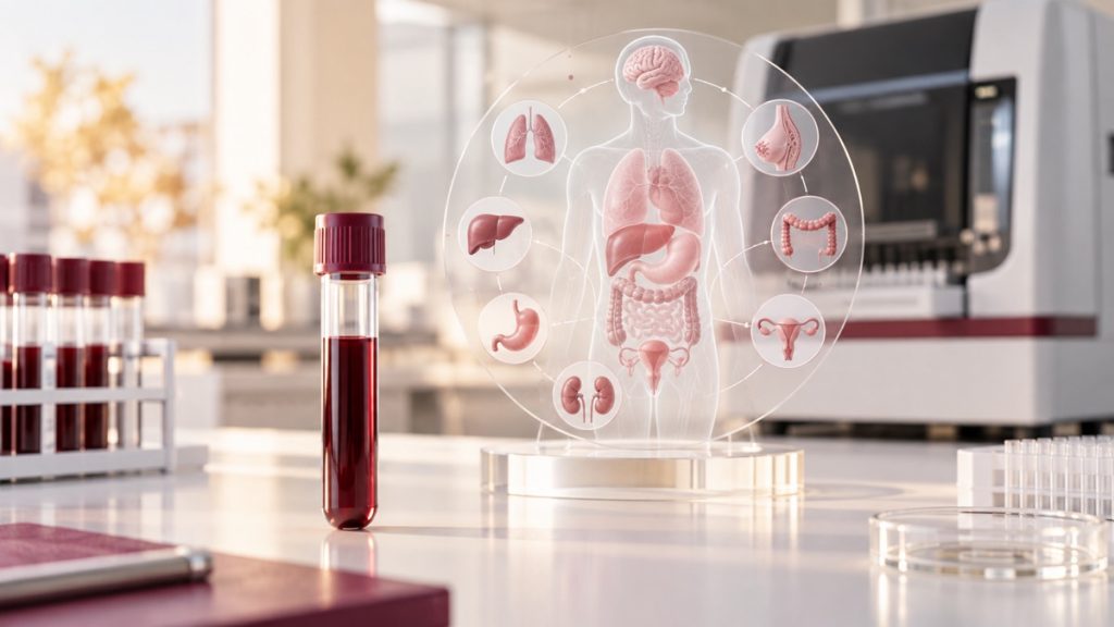 Kraujo mėginio flakonas ir abstraktus kelių organų vėžio patikros modelis šviesioje laboratorijoje