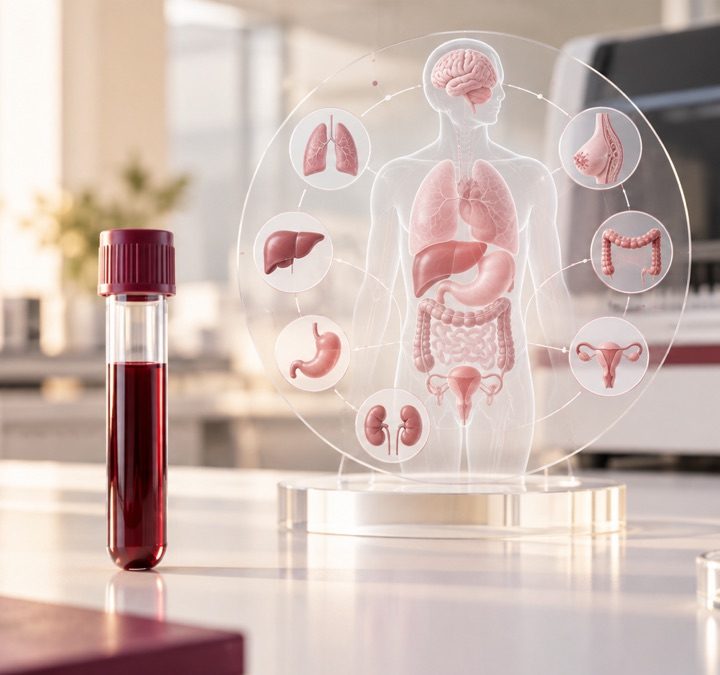 Kraujo mėginio flakonas ir abstraktus kelių organų vėžio patikros modelis šviesioje laboratorijoje