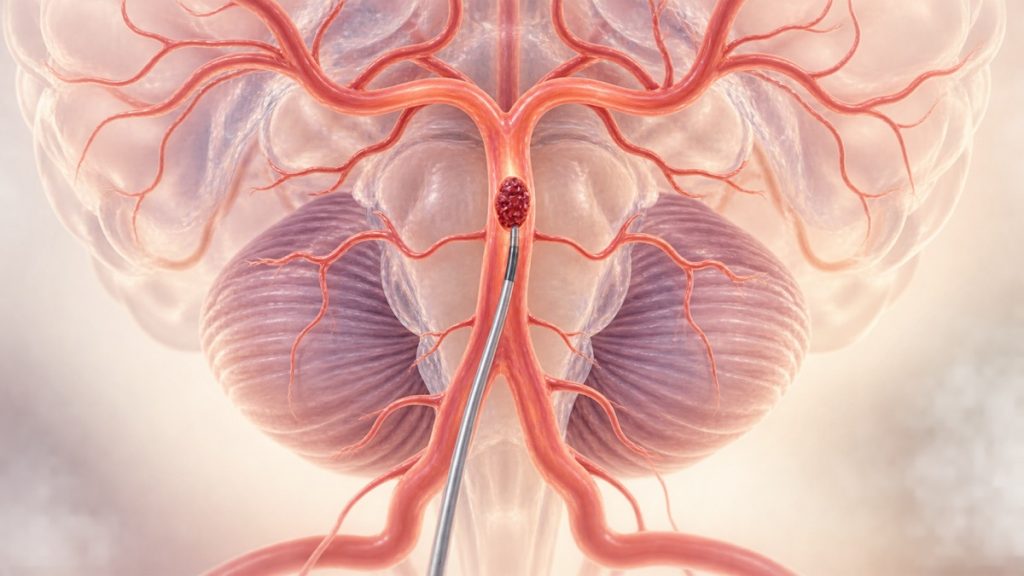 Pamatinės smegenų arterijos modelis su trombu ir endovaskulinio kateterio keliu