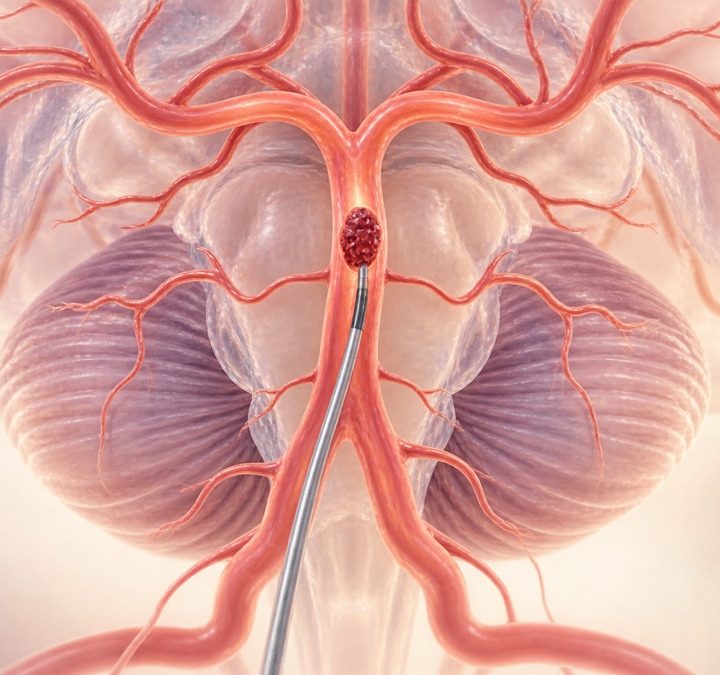 Pamatinės smegenų arterijos modelis su trombu ir endovaskulinio kateterio keliu