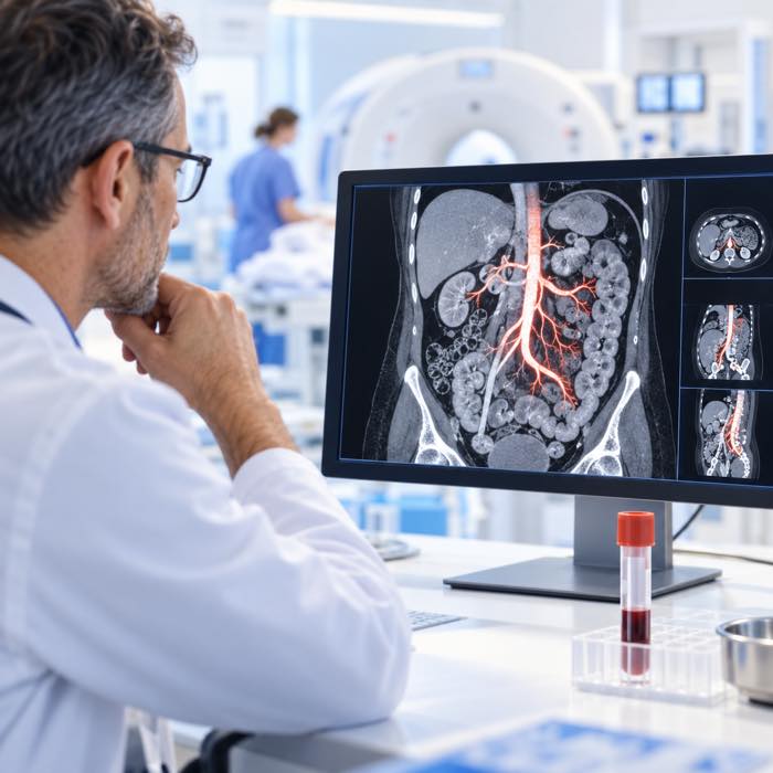 Gydytojas vertina žarnyno kraujagyslių KT angiografiją ir kraujo mėginį