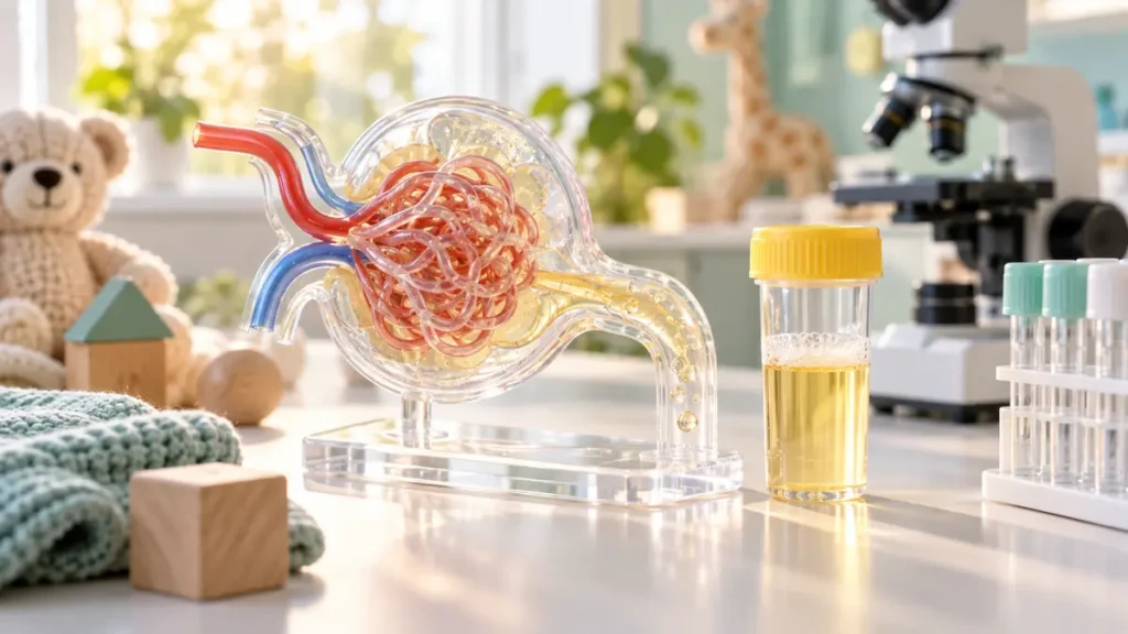 Inkstų glomerulo modelis, baltymo mėginys ir vaikų nefrologijos simboliai šviesioje laboratorijoje