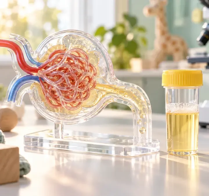 Inkstų glomerulo modelis, baltymo mėginys ir vaikų nefrologijos simboliai šviesioje laboratorijoje