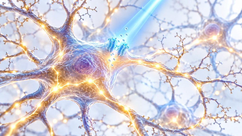 DI teminė optogenetikos iliustracija: šviesos signalas ties nervinės ląstelės membranos kanalu ir neuronų tinklas.