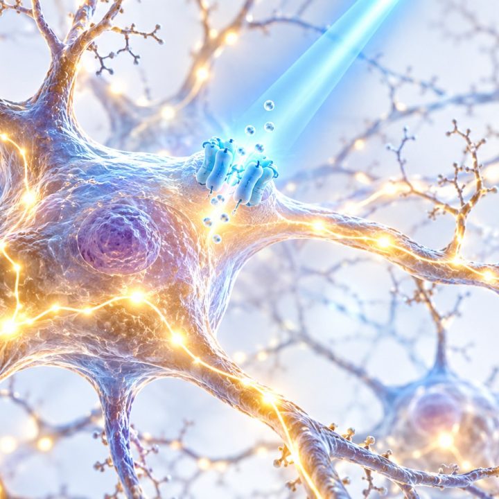 DI teminė optogenetikos iliustracija: šviesos signalas ties nervinės ląstelės membranos kanalu ir neuronų tinklas.