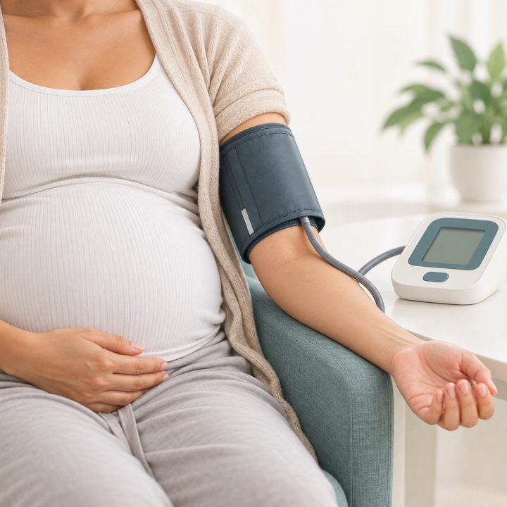 DI iliustracija: nėščiosios žasto kraujospūdžio matavimas; vaizdas nerodo tikros pacientės.