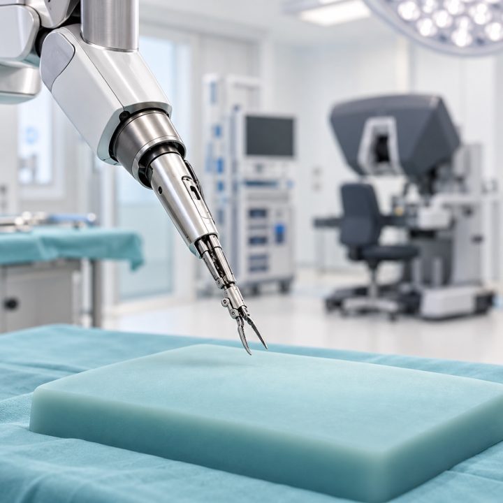 DI iliustracija: vienas chirurginio roboto instrumentas virš mokomojo paviršiaus; tikra operacija neatvaizduojama.