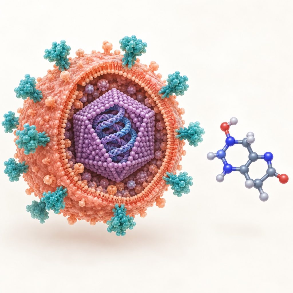 DI sukurta konceptuali herpes simplex viruso dalelės iliustracija; tai nėra mikroskopinė nuotrauka.