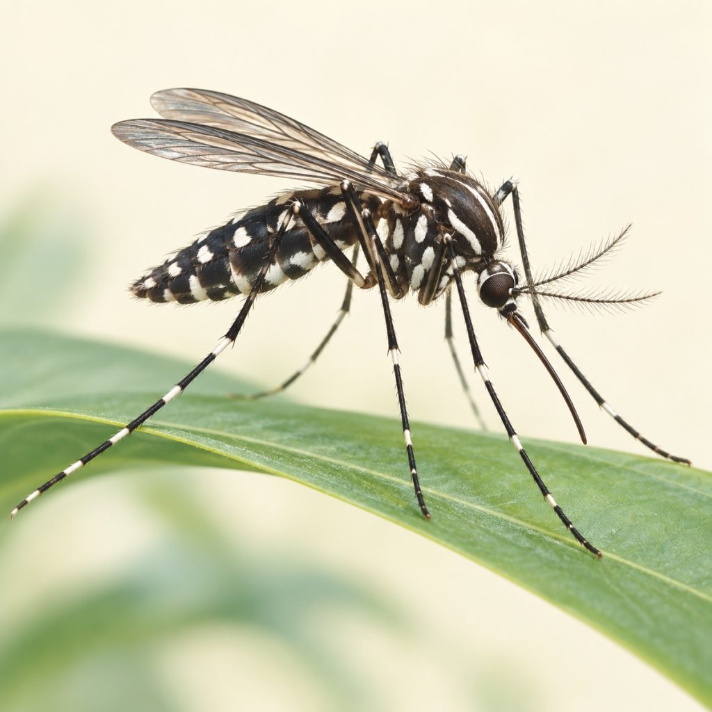 DI sukurta vieno Aedes albopictus uodo iliustracija; tai nėra konkretaus židinio nuotrauka.