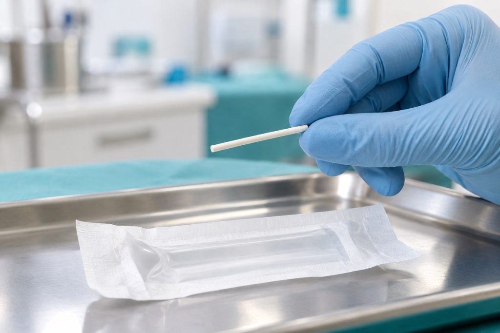 DI sukurta nuotraukų tipo iliustracija: kontraceptinis implantas klinikinėje aplinkoje; konkretus preparatas ar procedūra neatvaizduojami.