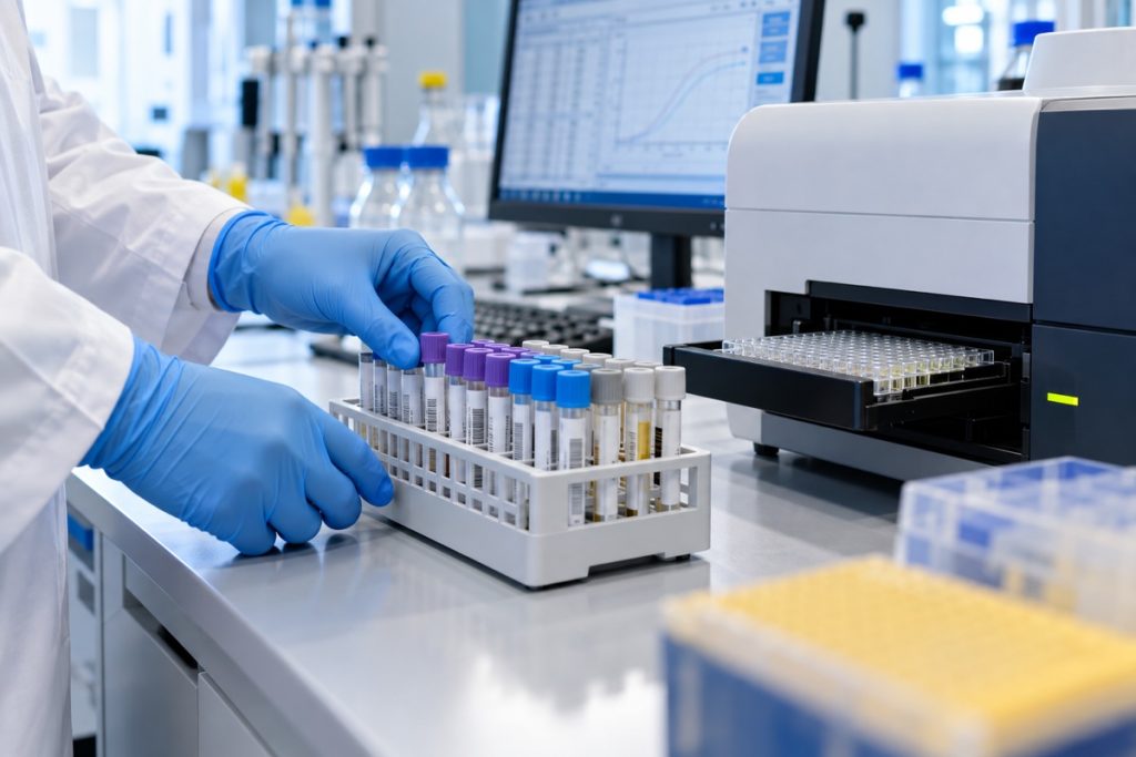 DI sukurta nuotraukų tipo iliustracija: laboratorinė mėginių ir antikūnų tyrimų aplinka; tai nėra tikri paciento mėginiai ar Vokietijos atvejis.