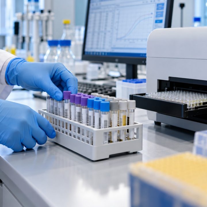DI sukurta nuotraukų tipo iliustracija: laboratorinė mėginių ir antikūnų tyrimų aplinka; tai nėra tikri paciento mėginiai ar Vokietijos atvejis.