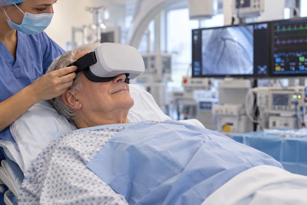 DI iliustracija: vyresnis žmogus su virtualios realybės akiniais kardiologijos procedūrų kambaryje; nerodo tikro tyrimo dalyvio.
