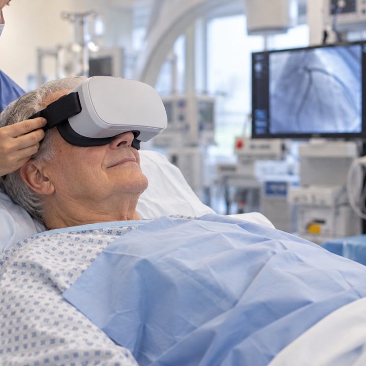 DI iliustracija: vyresnis žmogus su virtualios realybės akiniais kardiologijos procedūrų kambaryje; nerodo tikro tyrimo dalyvio.