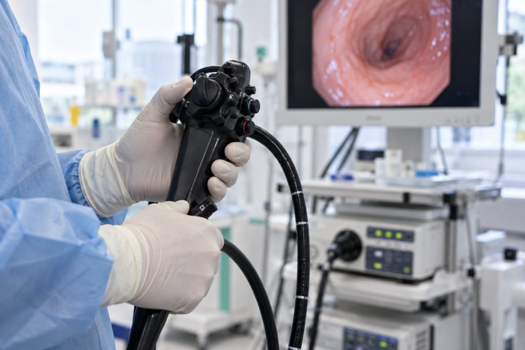 DI iliustracija: gastroenterologo rankos laiko lankstaus gastroskopo valdymo rankeną; nerodo tikros gydymo procedūros.