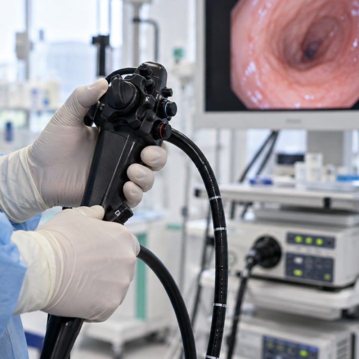 DI iliustracija: gastroenterologo rankos laiko lankstaus gastroskopo valdymo rankeną; nerodo tikros gydymo procedūros.