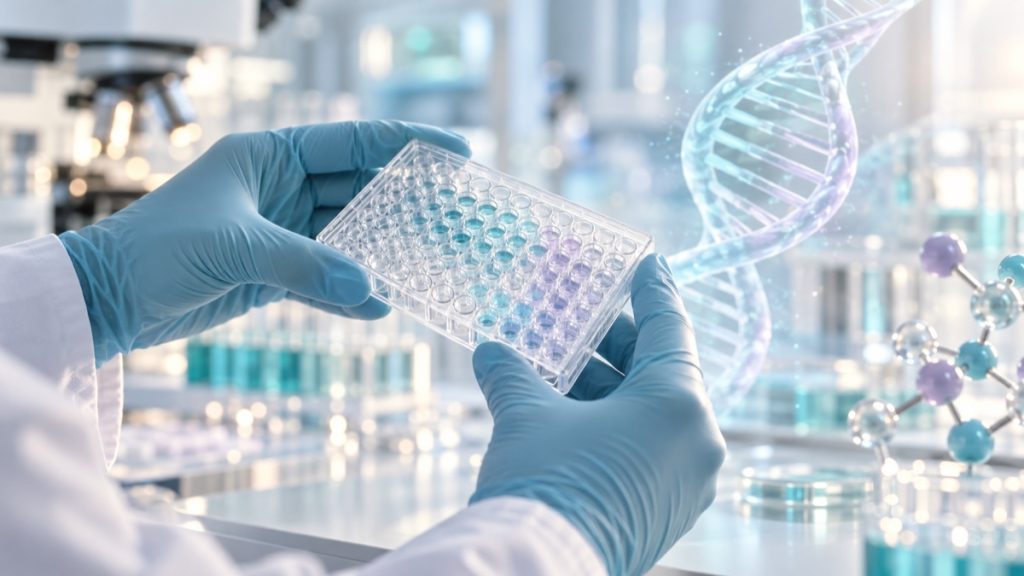 DI iliustracija: laboratorijos darbuotojo rankos su mikroplokštele ir simboline DNR vizualizacija.
